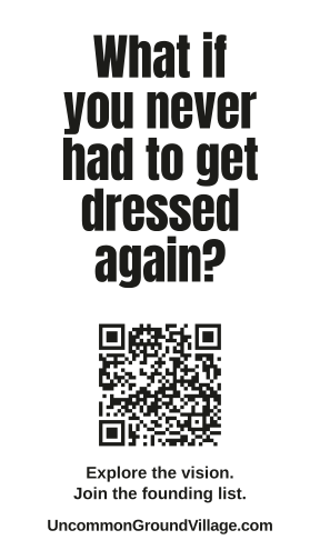 Clothing label back: What if you never had to get dressed again? QR code and invitation to join the founding list.