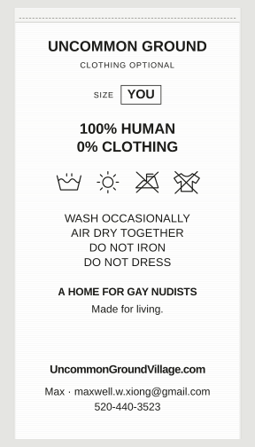 Clothing label front: size YOU, 100% human, 0% clothing, with playful care instructions.
