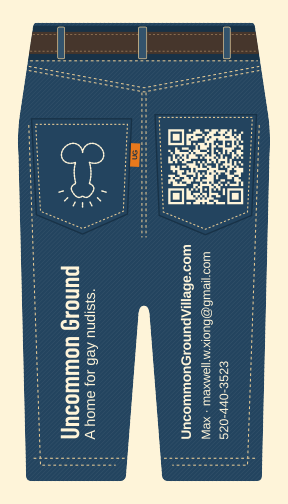 Jeans card back with Uncommon Ground, pockets, contact details and QR code. Turn the card sideways to read.