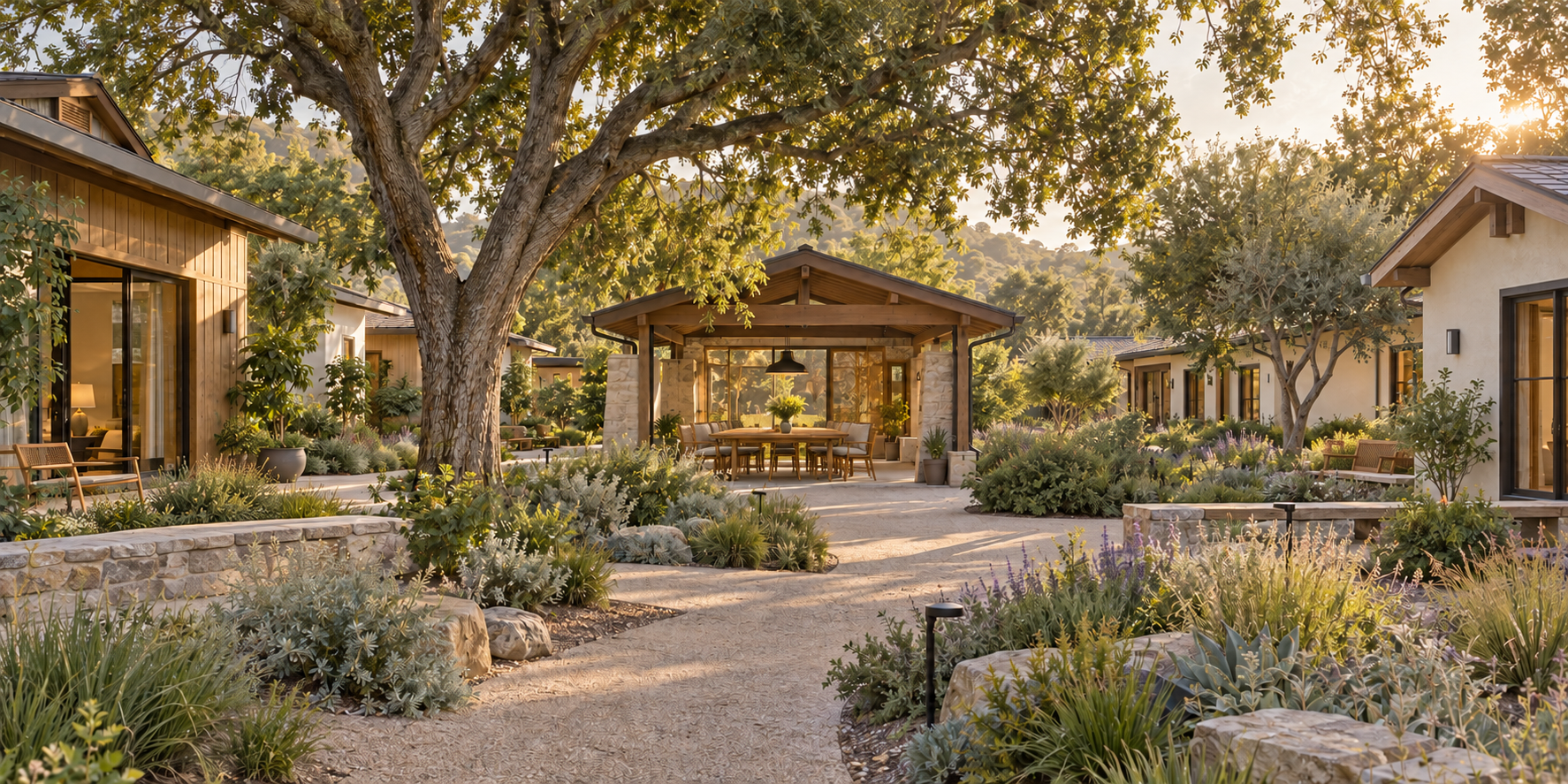 An imagined garden between small homes, with a shaded shared table and quiet places to sit.